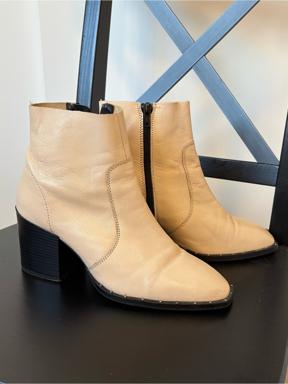 Topshop Cream Leather Ankle Boots with Block Heel US8/UK6